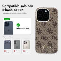 GUESS Funda de Polipiel Logo en Relieve para iPhone 15 Pro Compatible con MagSafe y Protección Anticaídas, Marrón