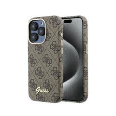 GUESS Funda de Polipiel Logo en Relieve para iPhone 15 Pro Compatible con MagSafe y Protección Anticaídas, Marrón