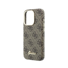GUESS Funda de Polipiel Logo en Relieve para iPhone 15 Pro Compatible con MagSafe y Protección Anticaídas, Marrón