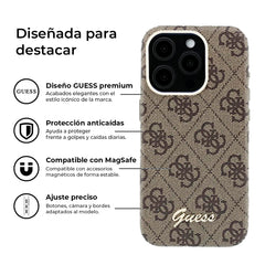GUESS Funda de Polipiel Logo en Relieve para iPhone 15 Pro Compatible con MagSafe y Protección Anticaídas, Marrón