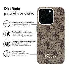 GUESS Funda de Polipiel Logo en Relieve para iPhone 15 Pro Max Compatible con MagSafe y Protección Anticaídas, Marrón