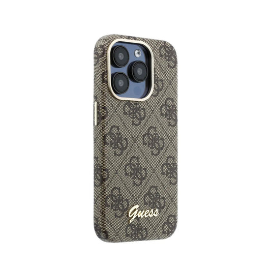GUESS Funda de Polipiel Logo en Relieve para iPhone 15 Pro Max Compatible con MagSafe y Protección Anticaídas, Marrón
