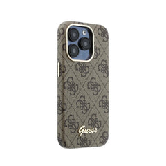 GUESS Funda de Polipiel Logo en Relieve para iPhone 15 Pro Max Compatible con MagSafe y Protección Anticaídas, Marrón