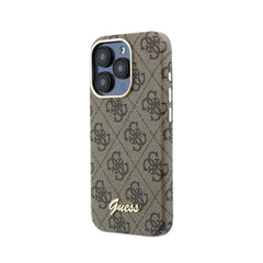 GUESS Funda de Polipiel Logo en Relieve para iPhone 15 Pro Max Compatible con MagSafe y Protección Anticaídas, Marrón