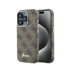 GUESS Funda de Polipiel Logo en Relieve para iPhone 15 Pro Max Compatible con MagSafe y Protección Anticaídas, Marrón