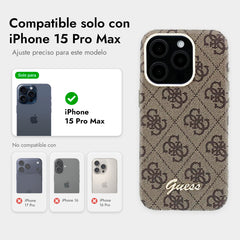 GUESS Funda de Polipiel Logo en Relieve para iPhone 15 Pro Max Compatible con MagSafe y Protección Anticaídas, Marrón