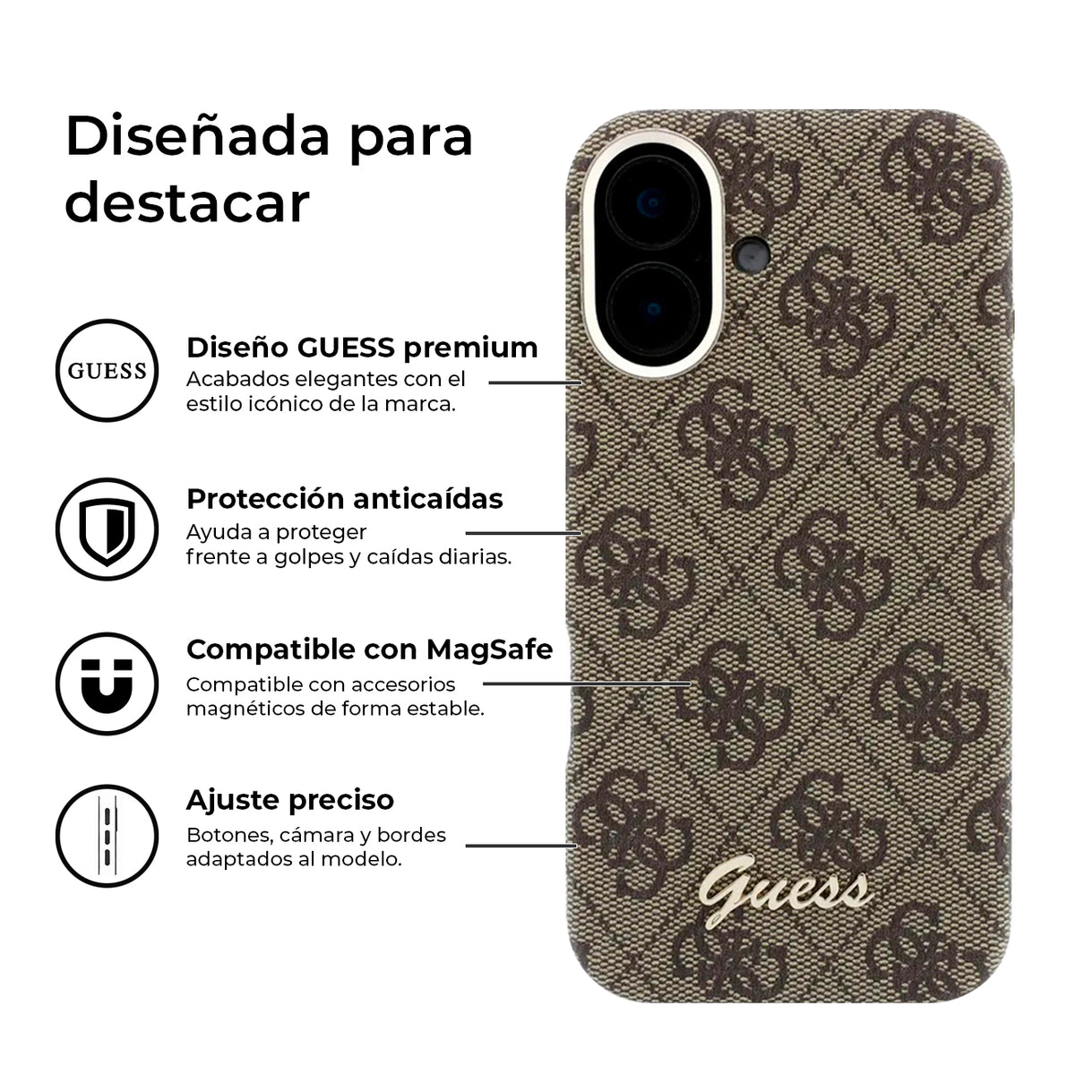 GUESS Funda de Polipiel Logo en Relieve para iPhone 16 Compatible con MagSafe y Protección Anticaídas, Marrón