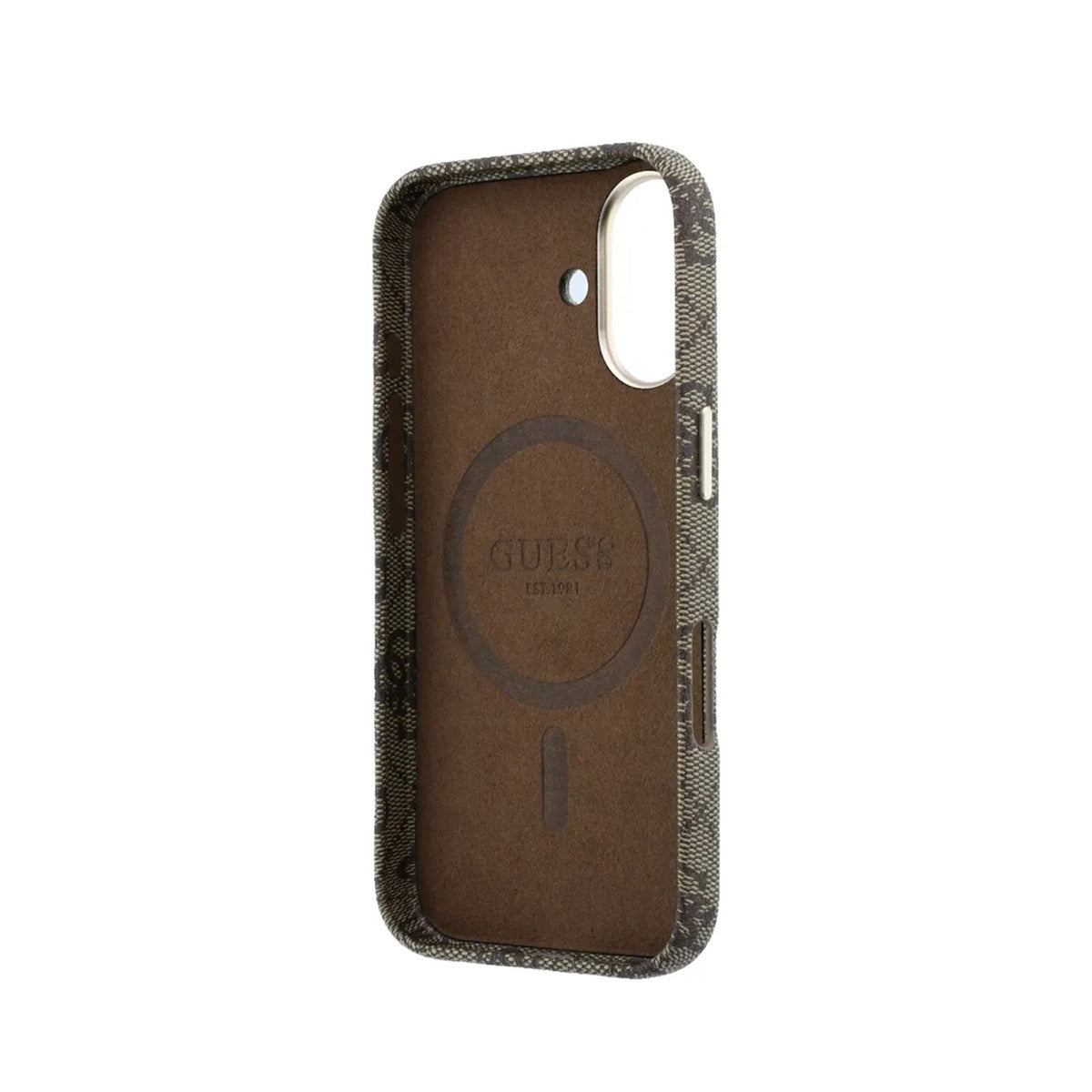 GUESS Funda de Polipiel Logo en Relieve para iPhone 16 Compatible con MagSafe y Protección Anticaídas, Marrón