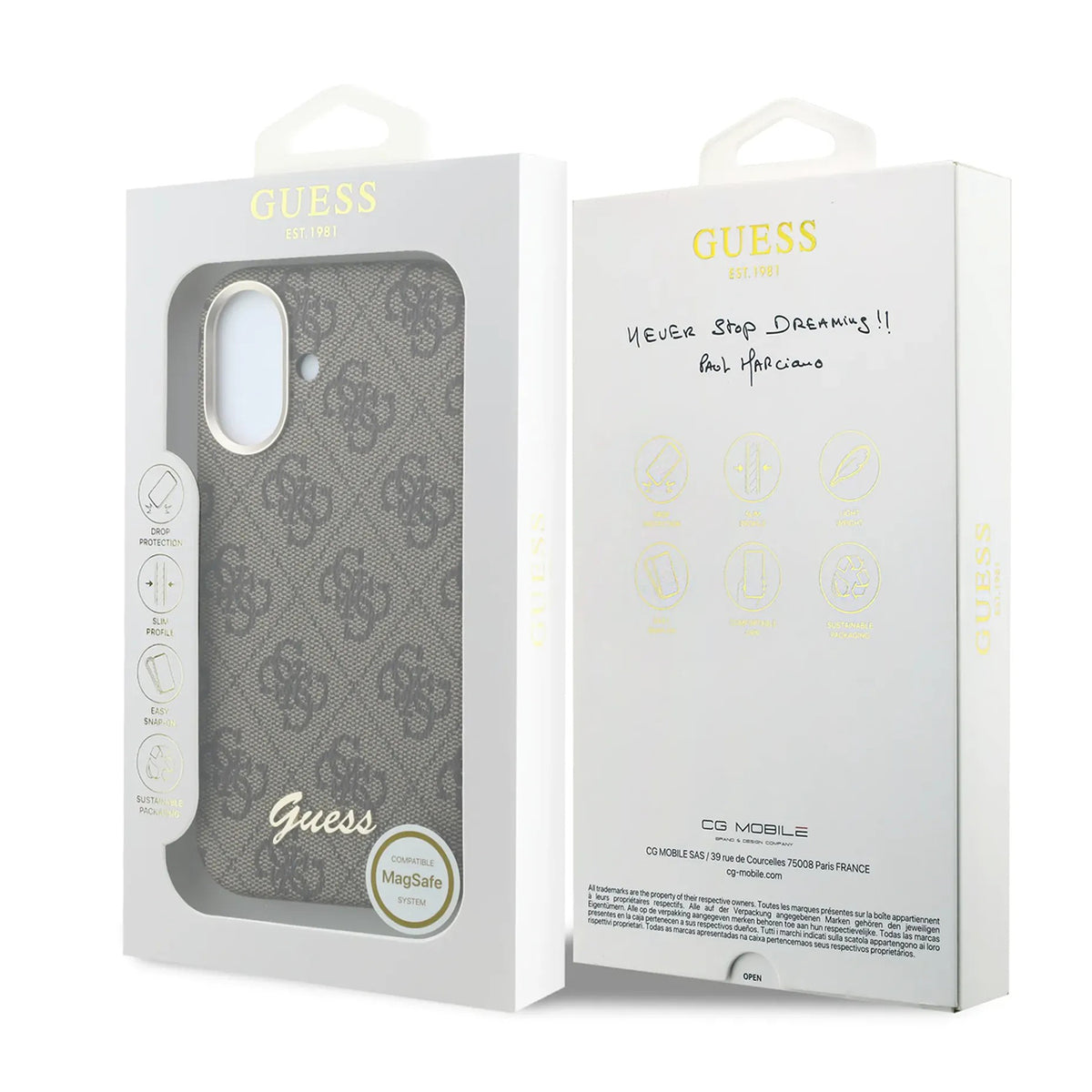 GUESS Funda de Polipiel Logo en Relieve para iPhone 16 Compatible con MagSafe y Protección Anticaídas, Marrón