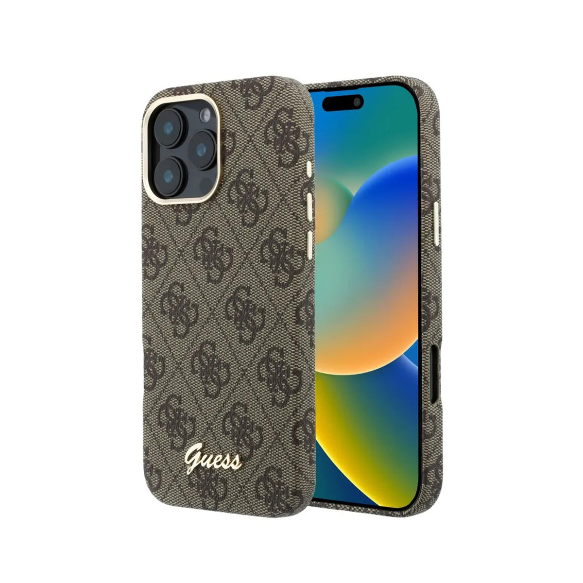 GUESS Funda de Polipiel Logo en Relieve para iPhone 16 Pro Compatible con MagSafe y Protección Anticaídas, Marrón