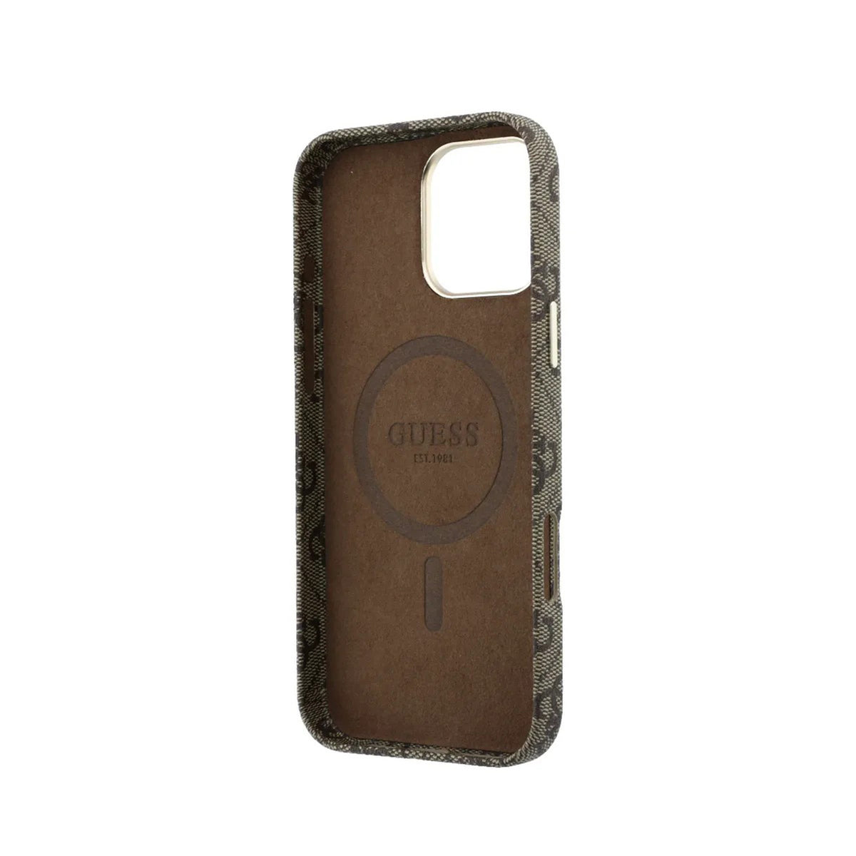 GUESS Funda de Polipiel Logo en Relieve para iPhone 16 Pro Compatible con MagSafe y Protección Anticaídas, Marrón