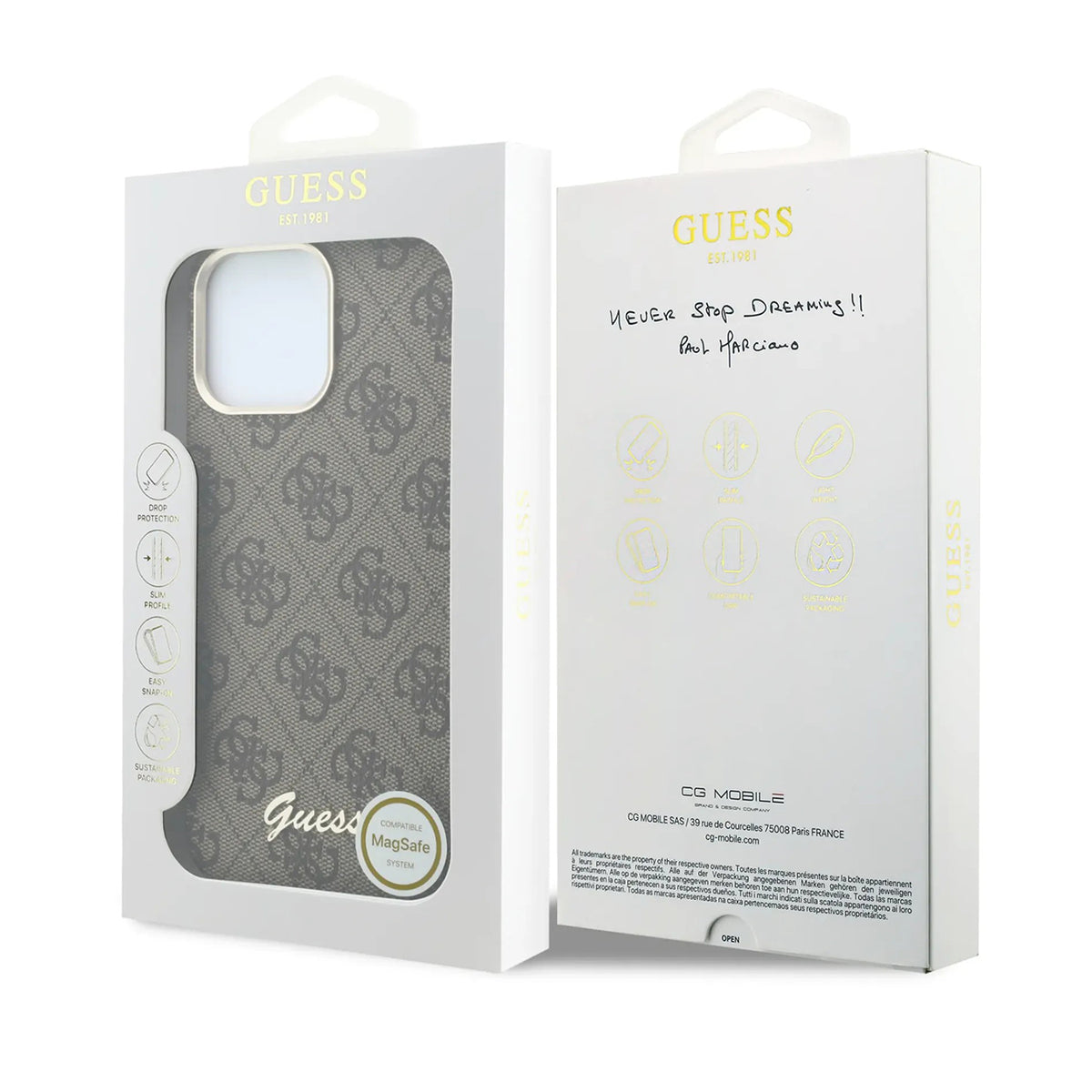 GUESS Funda de Polipiel Logo en Relieve para iPhone 16 Pro Compatible con MagSafe y Protección Anticaídas, Marrón