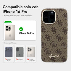 GUESS Funda de Polipiel Logo en Relieve para iPhone 16 Pro Compatible con MagSafe y Protección Anticaídas, Marrón