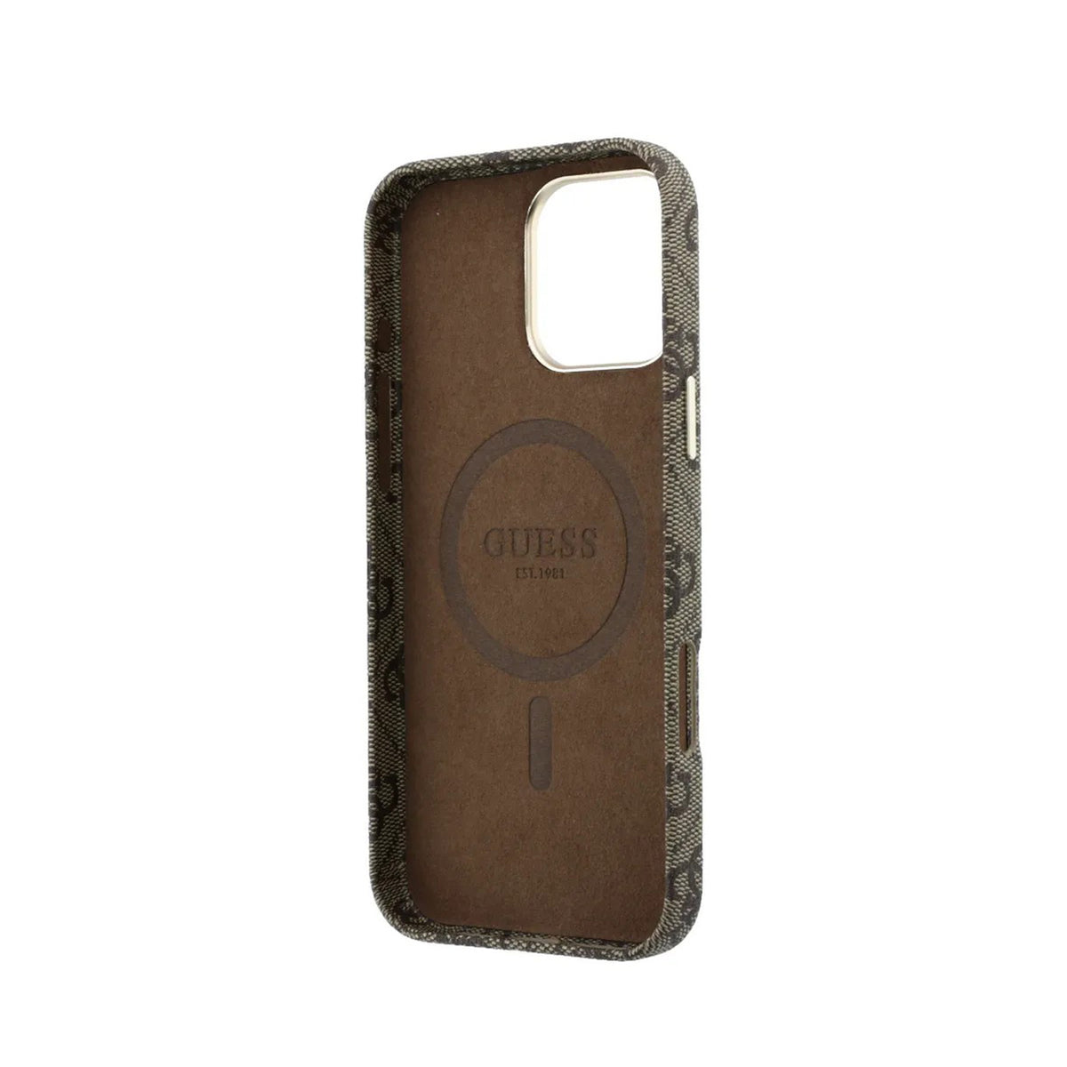 GUESS Funda de Polipiel Logo en Relieve para iPhone 16 Pro Max Compatible con MagSafe y Protección Anticaídas, Marrón