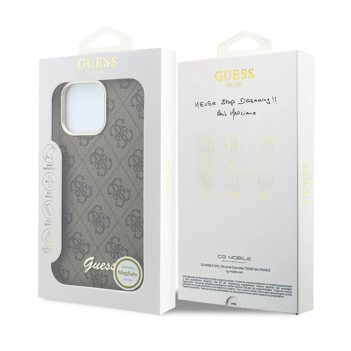 GUESS Funda de Polipiel Logo en Relieve para iPhone 16 Pro Max Compatible con MagSafe y Protección Anticaídas, Marrón