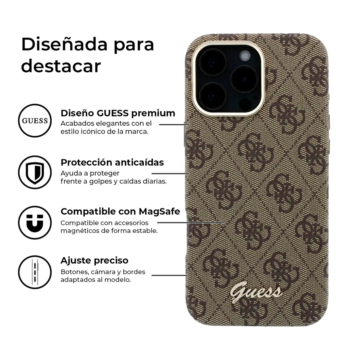 GUESS Funda de Polipiel Logo en Relieve para iPhone 16 Pro Max Compatible con MagSafe y Protección Anticaídas, Marrón