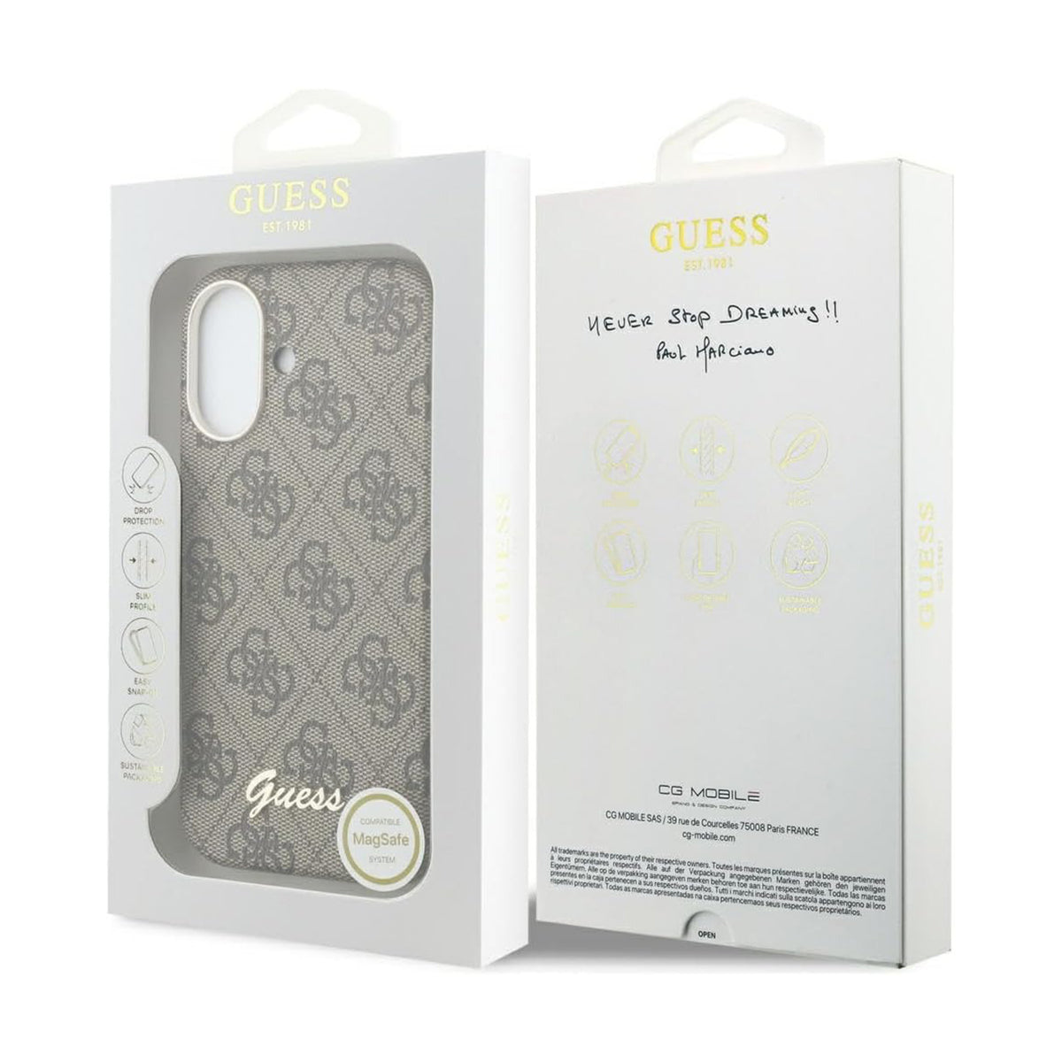 GUESS Funda Logo Script para iPhone 17 Compatible con MagSafe y Protección Anticaídas, Marrón