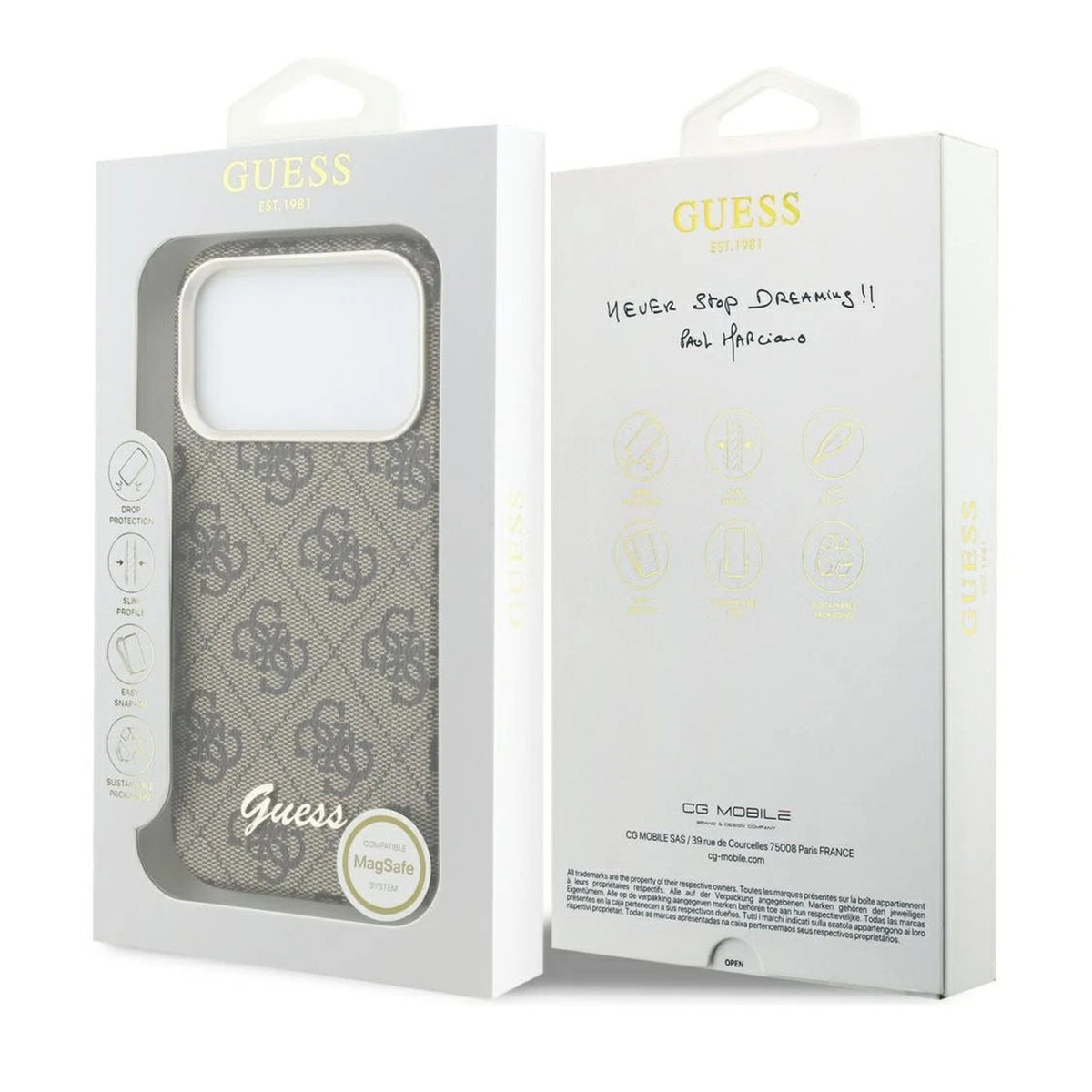 GUESS Funda Logo Script para iPhone 17 Pro/18 Pro Compatible con MagSafe, Marrón