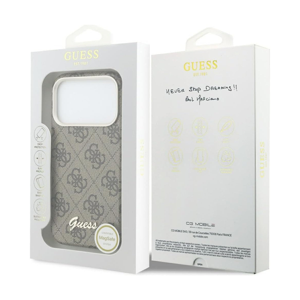 GUESS Funda Logo Script para iPhone 17 Pro Max/18 Pro Max Compatible con MagSafe y Protección Anticaídas, Marrón