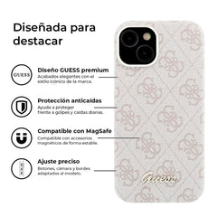 GUESS Funda de Polipiel Logo en Relieve para iPhone 14 Compatible con MagSafe y Protección Anticaídas, Rosa