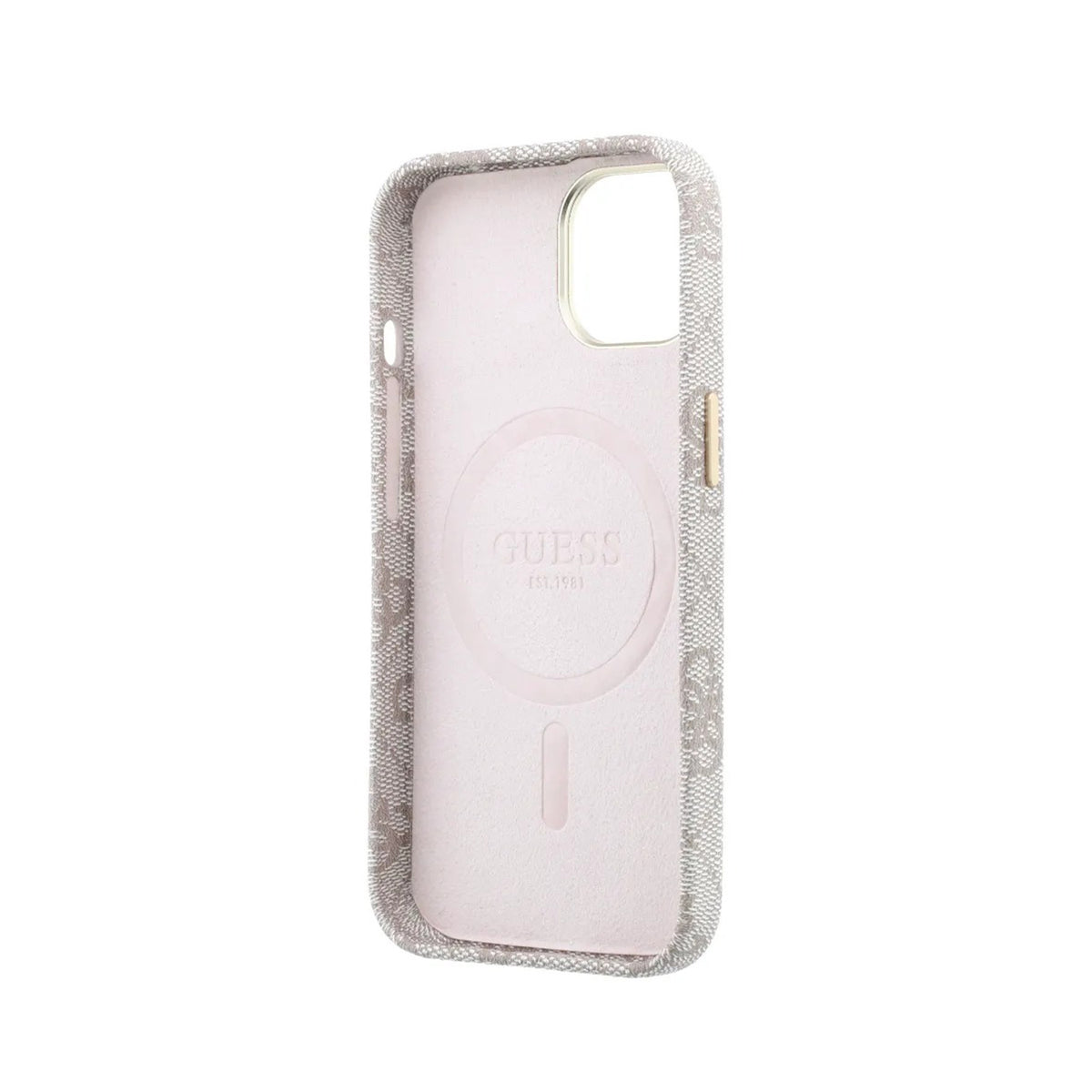 GUESS Funda de Polipiel Logo en Relieve para iPhone 14 Compatible con MagSafe y Protección Anticaídas, Rosa