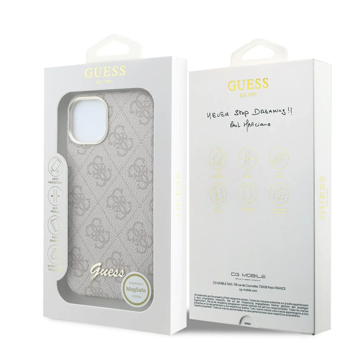 GUESS Funda de Polipiel Logo en Relieve para iPhone 14 Compatible con MagSafe y Protección Anticaídas, Rosa