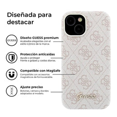 GUESS Funda de Polipiel Logo en Relieve para iPhone 15 Compatible con MagSafe y Protección Anticaídas, Rosa