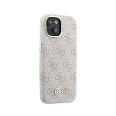 GUESS Funda de Polipiel Logo en Relieve para iPhone 15 Compatible con MagSafe y Protección Anticaídas, Rosa