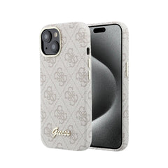 GUESS Funda de Polipiel Logo en Relieve para iPhone 15 Compatible con MagSafe y Protección Anticaídas, Rosa