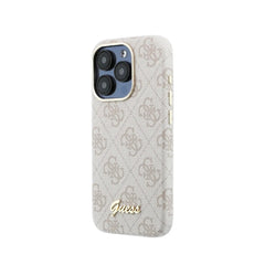 GUESS Funda de Polipiel Logo en Relieve para iPhone 15 Pro Compatible con MagSafe y Protección Anticaídas, Rosa