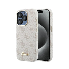 GUESS Funda de Polipiel Logo en Relieve para iPhone 15 Pro Compatible con MagSafe y Protección Anticaídas, Rosa