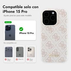 GUESS Funda de Polipiel Logo en Relieve para iPhone 15 Pro Compatible con MagSafe y Protección Anticaídas, Rosa