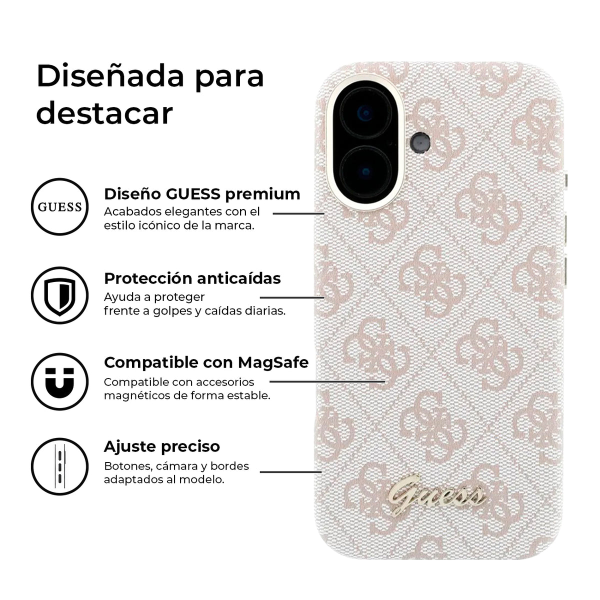 GUESS Funda de Polipiel Logo en Relieve para iPhone 16 Compatible con MagSafe y Protección Anticaídas, Rosa