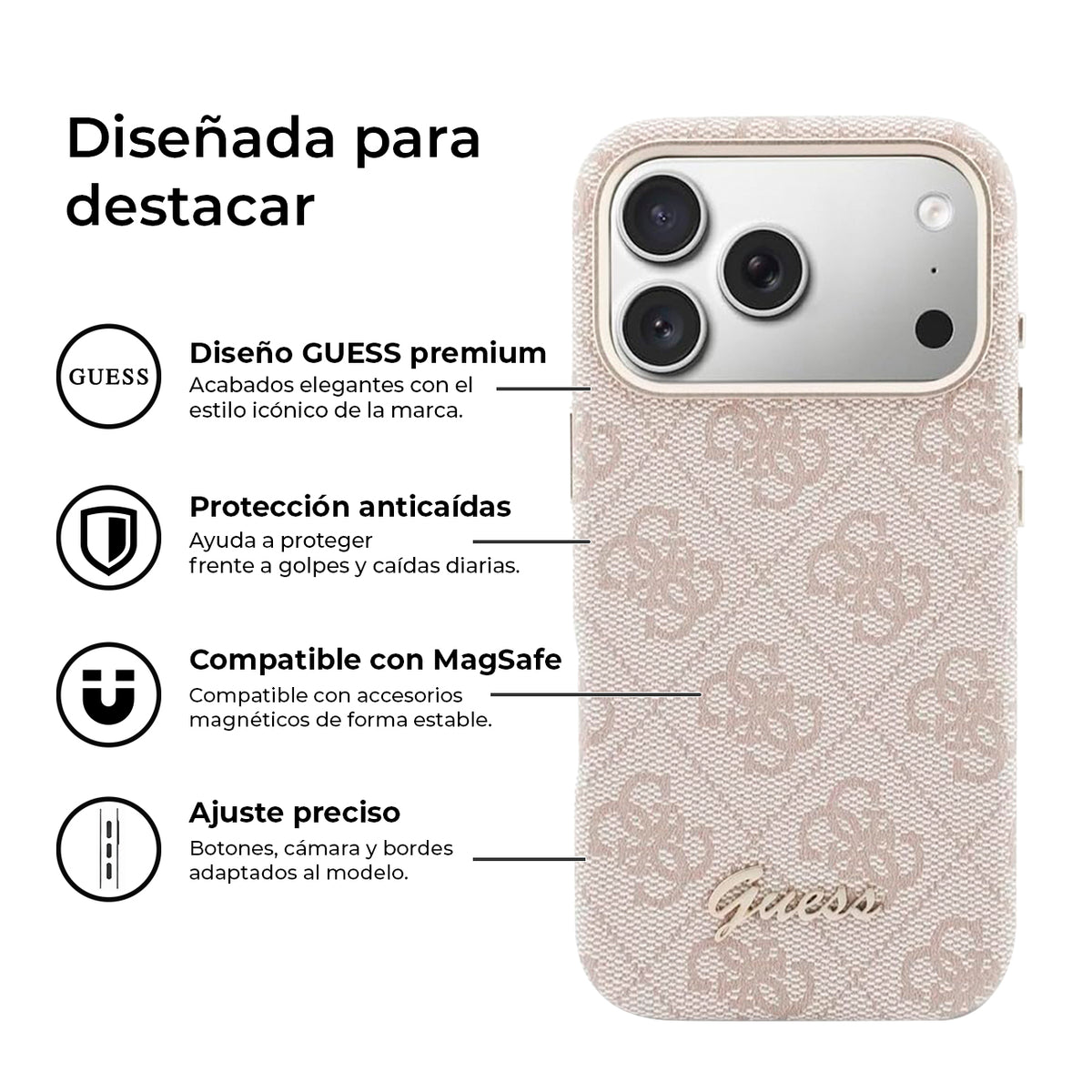 GUESS Funda de Polipiel con Logo en Relieve para iPhone 17 Pro/18 Pro Compatible con MagSafe, Rosa
