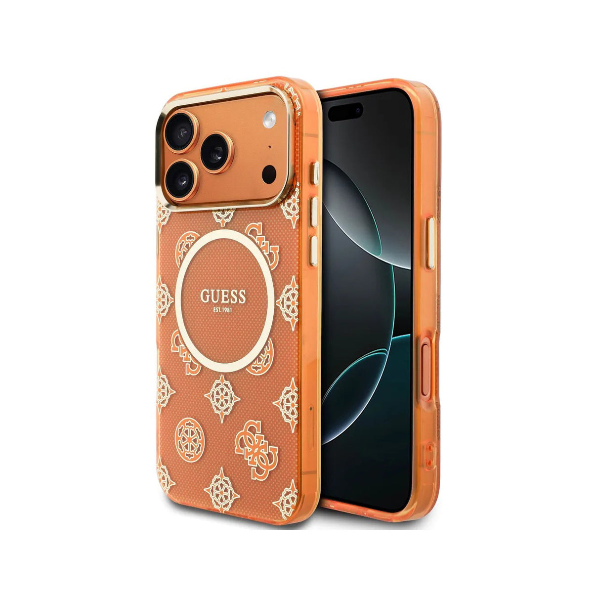 Guess Case for iPhone 17 Pro Max – Orange Hard Case with Guess Multilogo Design, Drop Protection and Precise Fit