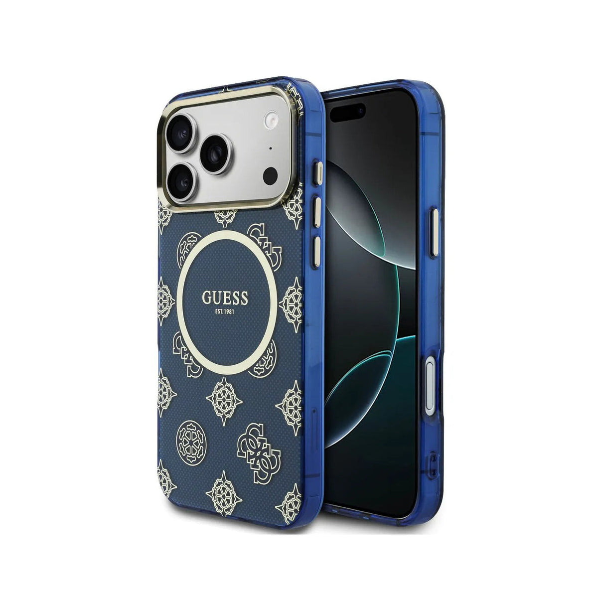 Guess iPhone 17 Pro Max Case – Blue Hard Case with Guess Multi-Logo Design, Drop Protection and Precise Fit
