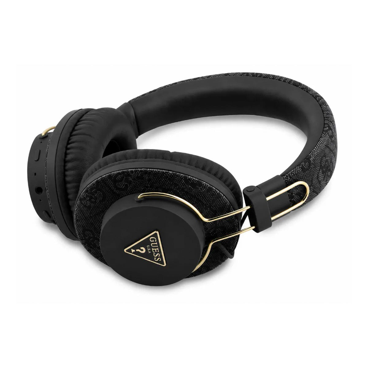 GUESS Auriculares Bluetooth de Polipiel con ENC y Logo Triangular, Negro