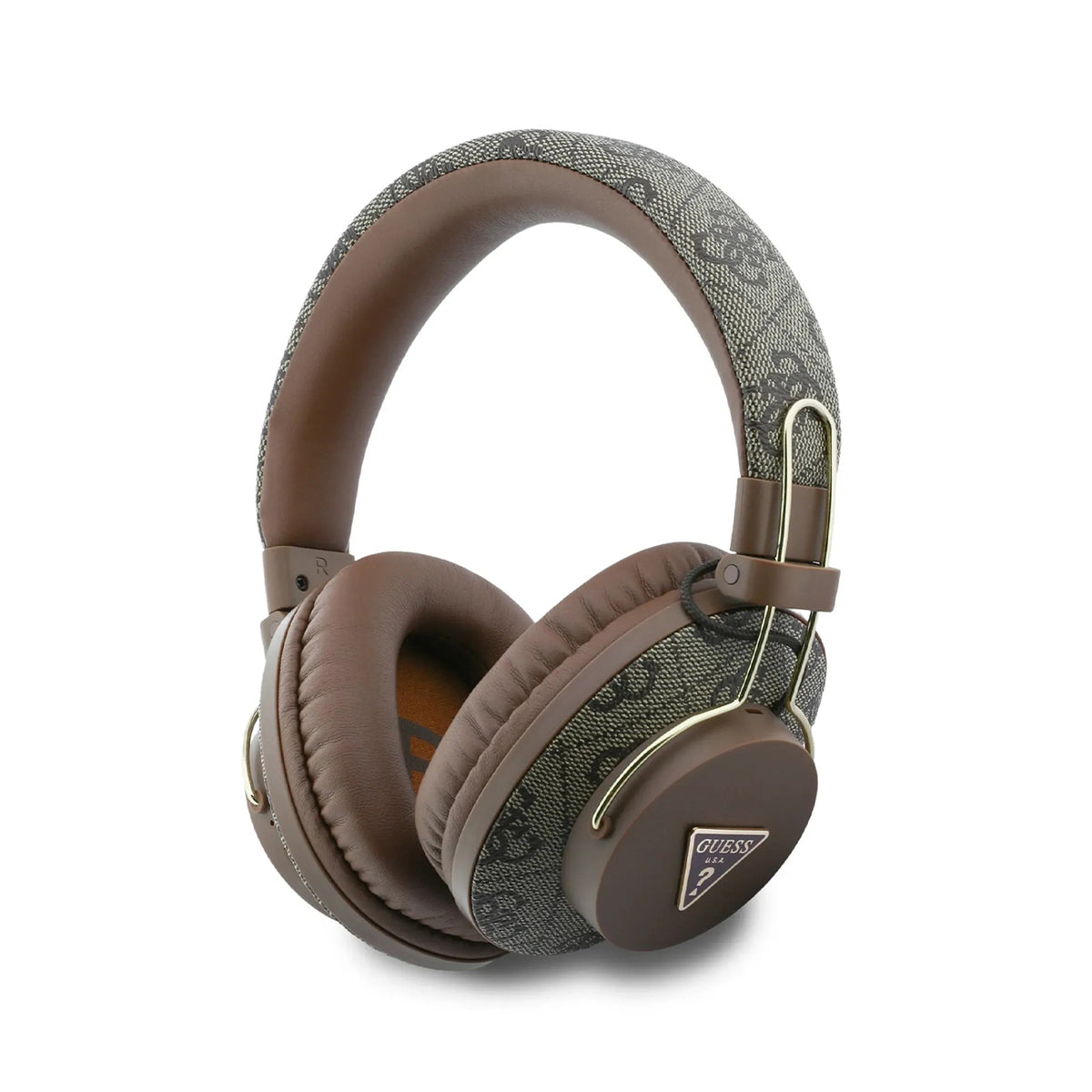 GUESS Auriculares Bluetooth de Polipiel con ENC y Logo Triangular, Marrón