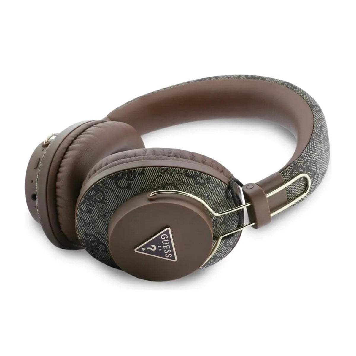 GUESS Auriculares Bluetooth de Polipiel con ENC y Logo Triangular, Marrón
