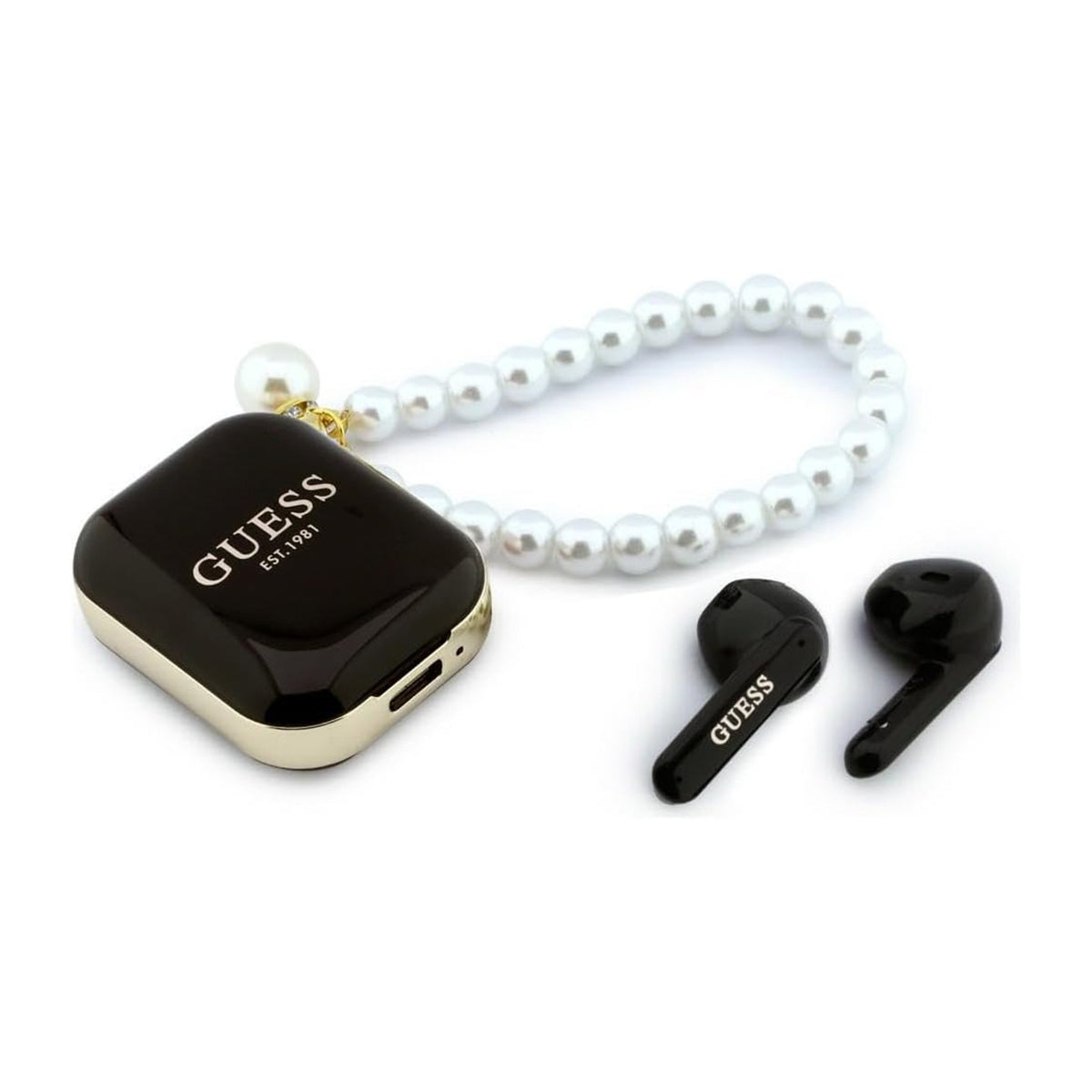 GUESS Auriculares TWS con Correa de Perlas y Estuche de Carga, Negro