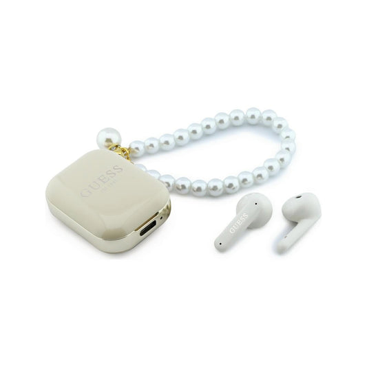 GUESS Auriculares TWS con Correa de Perlas y Estuche de Carga, Beige