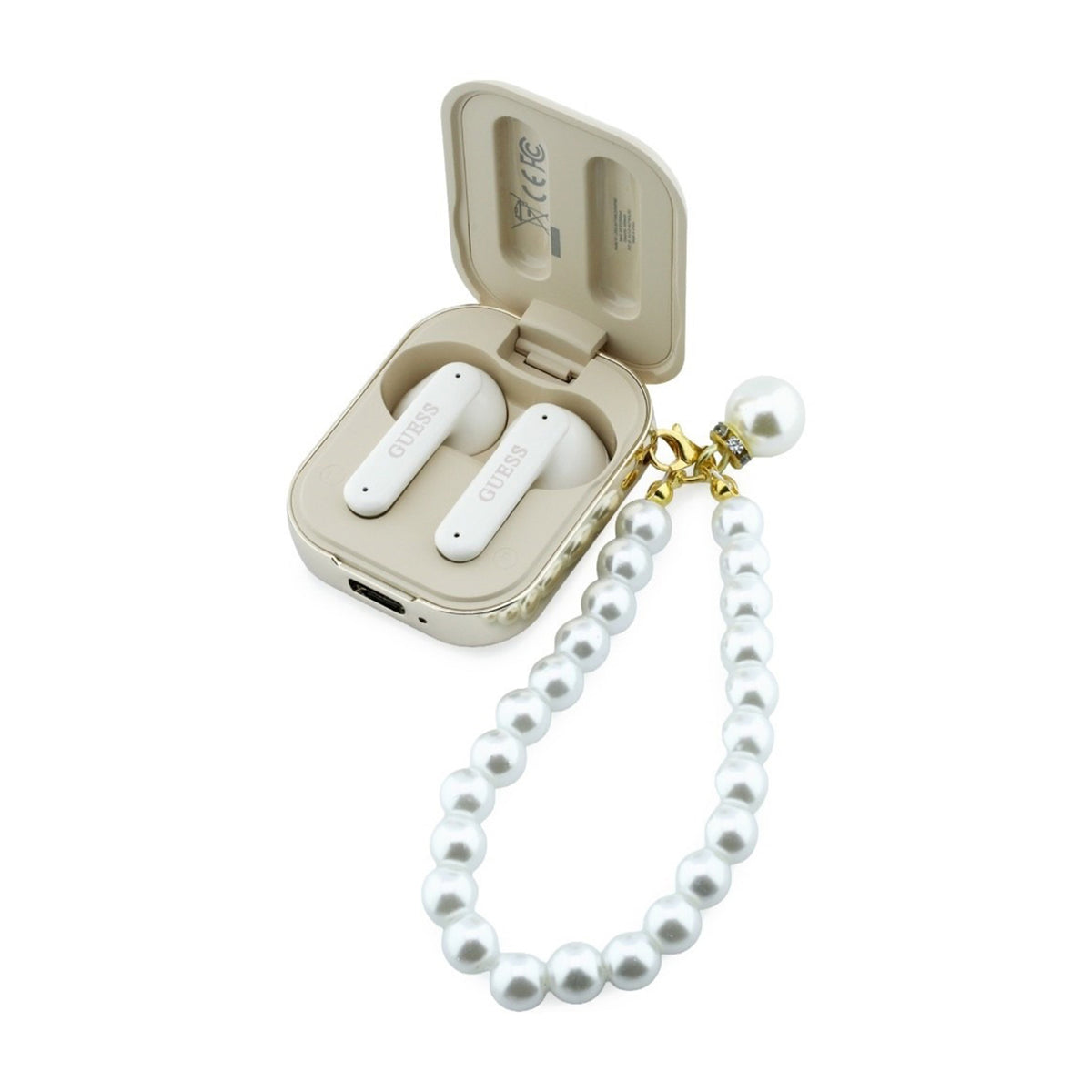 GUESS Auriculares TWS con Correa de Perlas y Estuche de Carga, Beige