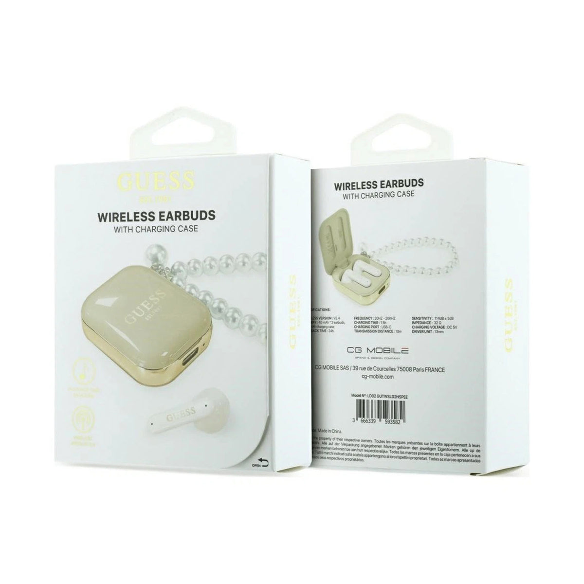 GUESS Auriculares TWS con Correa de Perlas y Estuche de Carga, Beige