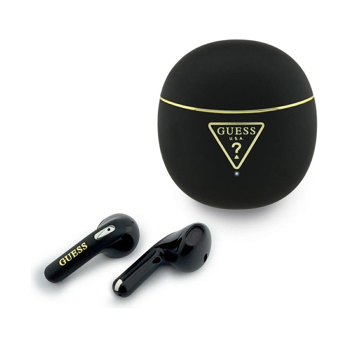 GUESS Auriculares Inalámbricos con Logo Triangular Dorado, Negro