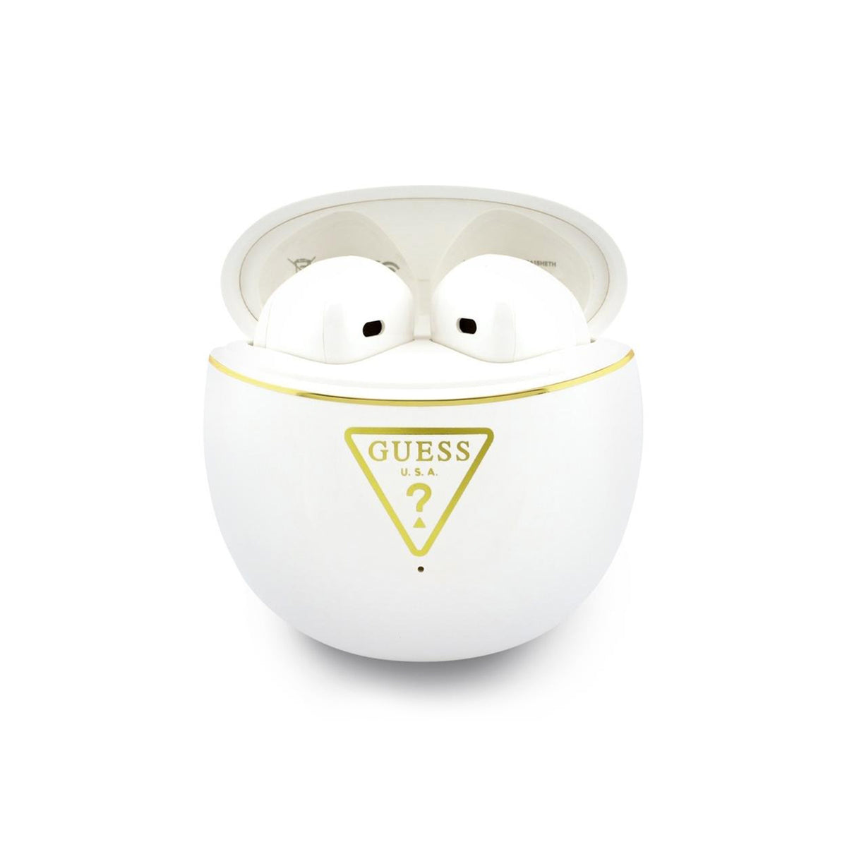 GUESS Auriculares Inalámbricos con Estuche de Carga y Logo Triangular Dorado, Blanco
