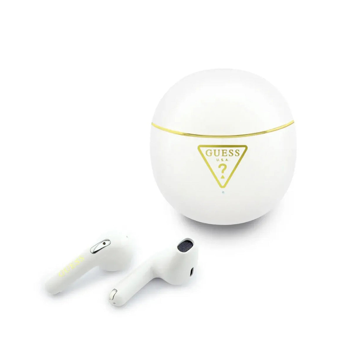 GUESS Auriculares Inalámbricos con Estuche de Carga y Logo Triangular Dorado, Blanco
