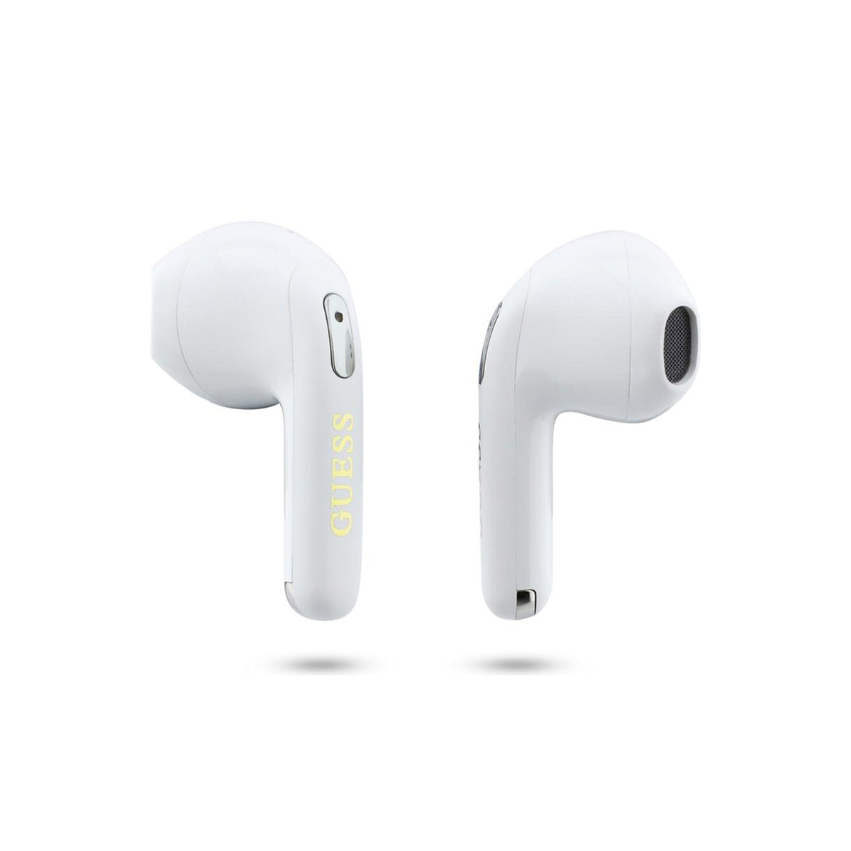 GUESS Auriculares Inalámbricos con Estuche de Carga y Logo Triangular Dorado, Blanco