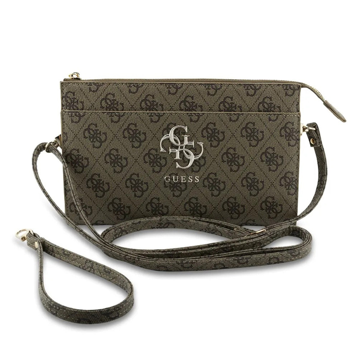 GUESS Bolso de Mano con Logo 4G, Muñequera y Correa Ajustable, Marrón