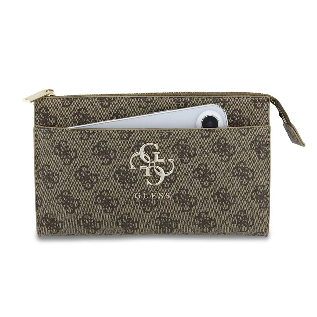 GUESS Bolso de Mano con Logo 4G, Muñequera y Correa Ajustable, Marrón
