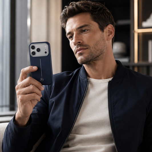 Mercedes-Benz Funda de Cuero para iPhone 17 Pro Max Compatible con MagSafe, Azul